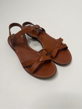 Madewell Crossover Strappy Leather Flat Sandals Tan Brown Ankle Strap Size 7.5/8